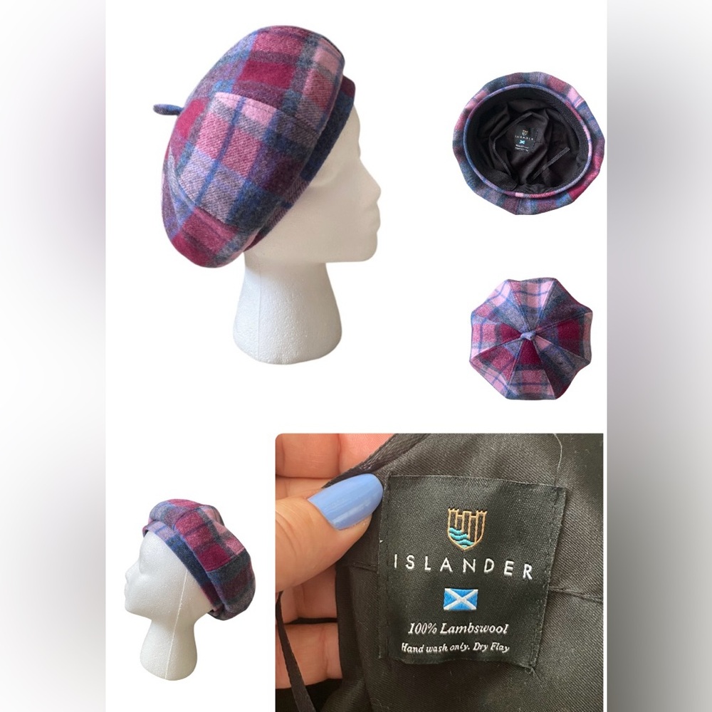 Islander 100% lambswool bonnet beret hat wonens Pink and blue Tartan Checkered